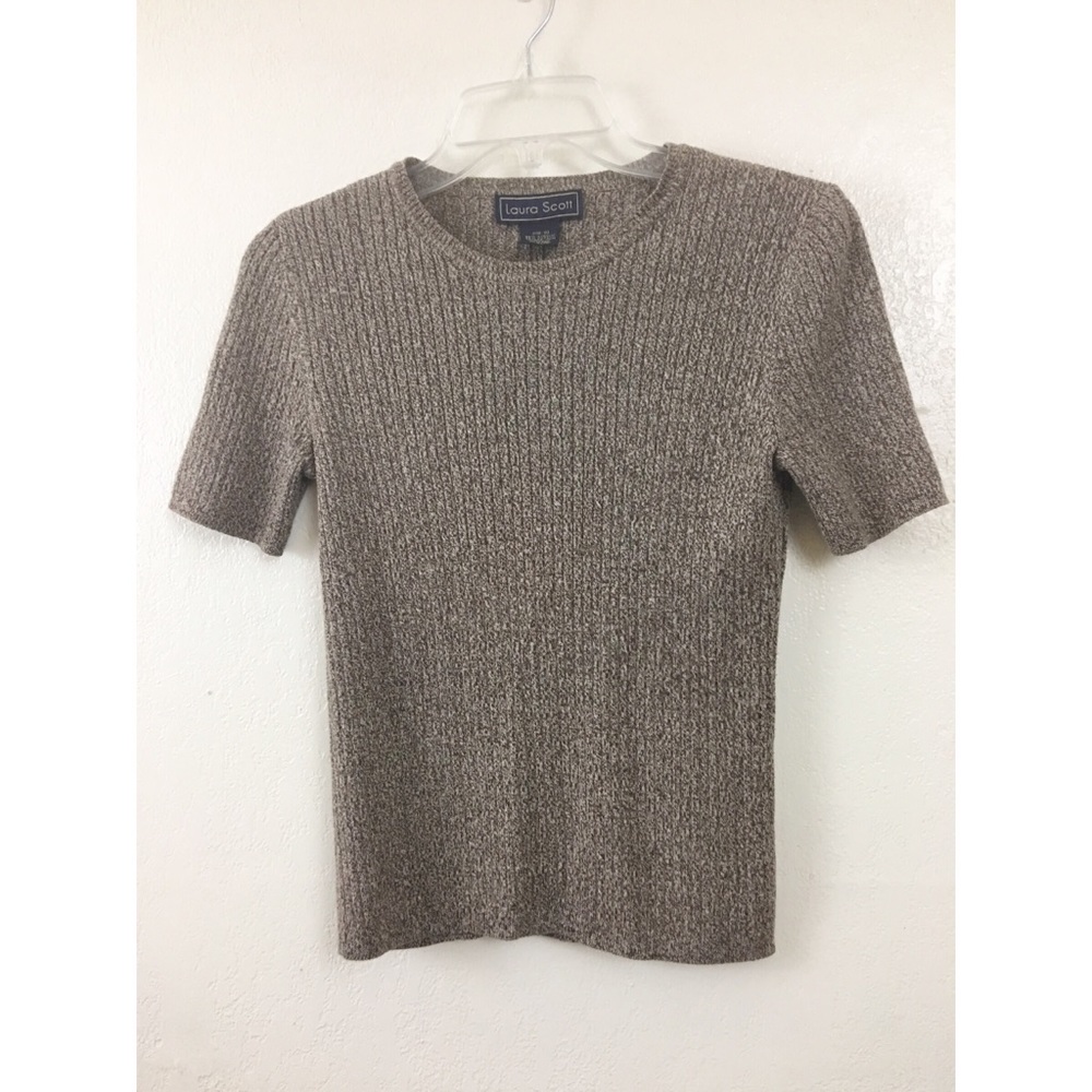 Laura Scott Ribbed Knit Shirt Sleeve Sweater